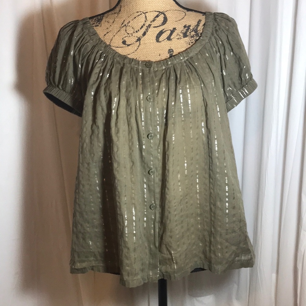 Michael Kors Green Silver Striped Button Down Top